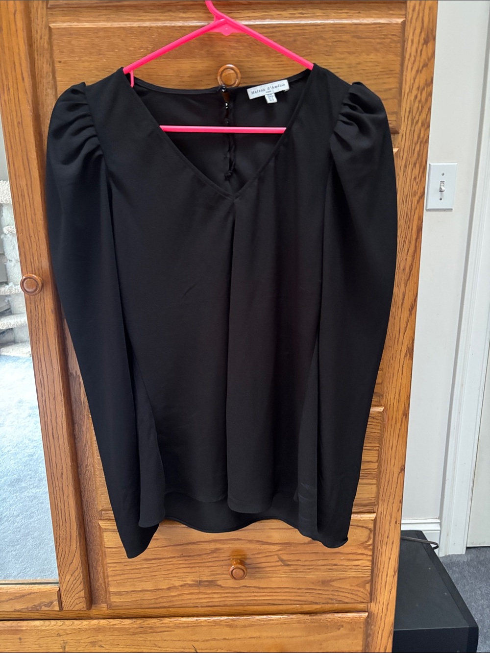 Maison d’Amelie Paris  Black V-Neck Long-Sleeve Puff Shoulder Blouse